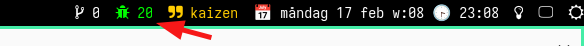 i3blocks widget, a green bug icon and the number 20